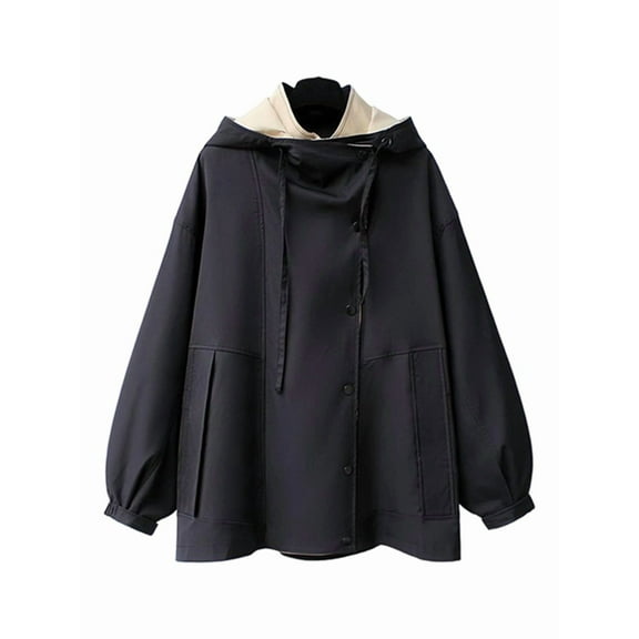 Female'S Hooded Trench Coat Lapel Button Down Jacket Color Block Mid-Length Windbreaker Black M