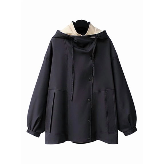 Female'S Hooded Trench Coat Lapel Button Down Jacket Color Block Mid-Length Windbreaker Black XXL