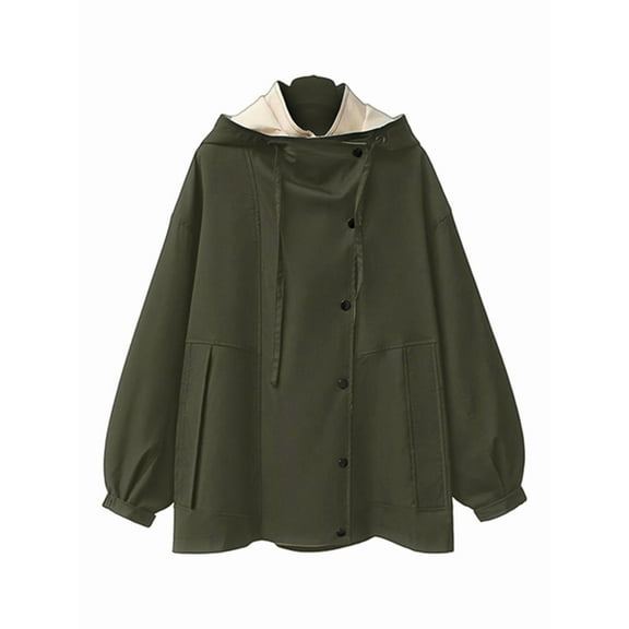 Female'S Hooded Trench Coat Lapel Button Down Jacket Color Block Mid-Length Windbreaker Green XXL