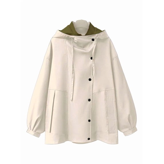 Female'S Hooded Trench Coat Lapel Button Down Jacket Color Block Mid-Length Windbreaker Apricot M