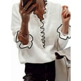 thumbnail image 1 of Female'S Pearl Beaded Long Sleeve Sweater V Neck Ruffle Trim Knitted Pullover Tops White L, 1 of 7
