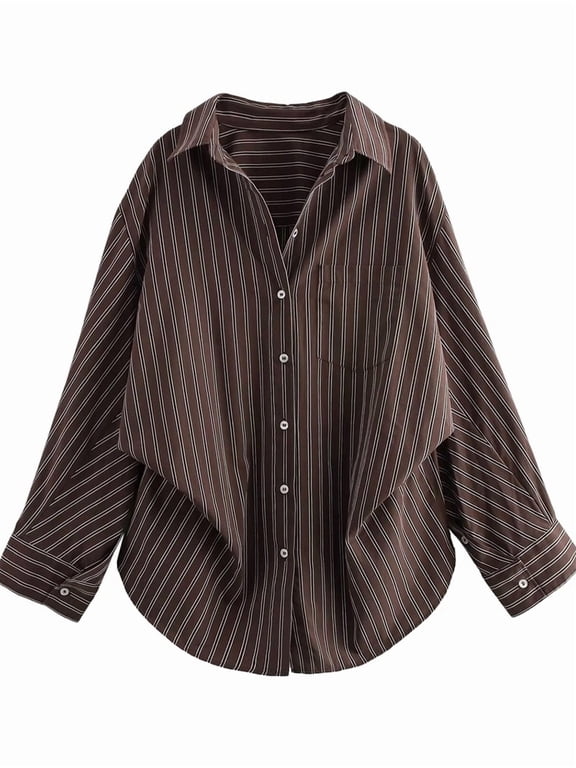 Female'S Shirt Loose Casual Korean Style Commute Office Weekend Home Shirts for Women Blouses-Brown Stripes S
