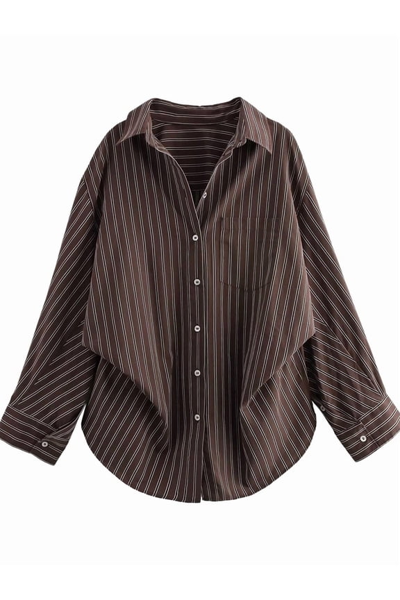 Female'S Shirt Loose Casual Korean Style Commute Office Weekend Home Shirts for Women Blouses-Brown Stripes S