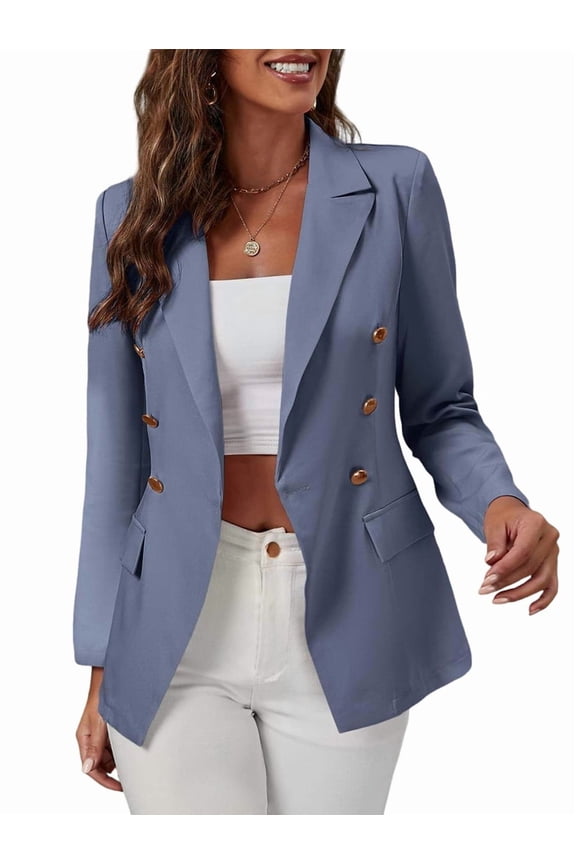 Female'S Solid Color Long Sleeve Cardigan Casual Long Sleeve Open Front Suit Jacket Gray-Blue S