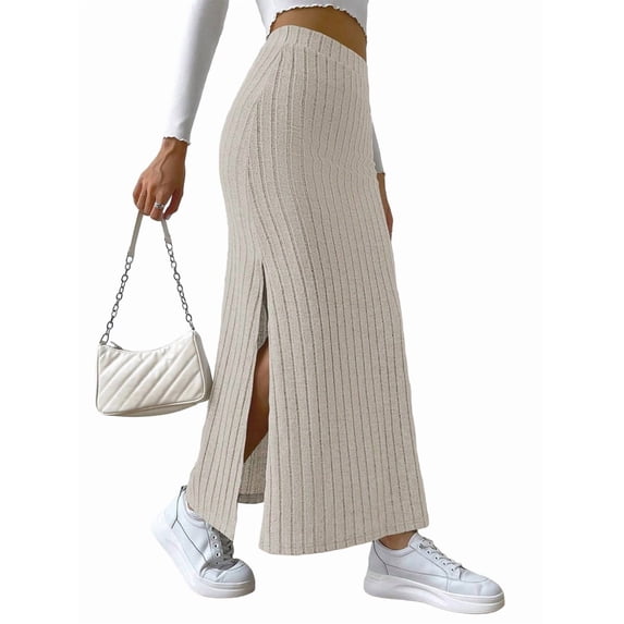 Female'S Solid High Waist Split Side Skirt Casual Knitted Maxi Skirts Comfy Bodycon Dress Apricot XS