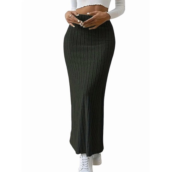 Female'S Solid High Waist Split Side Skirt Casual Knitted Maxi Skirts Comfy Bodycon Dress Black XL