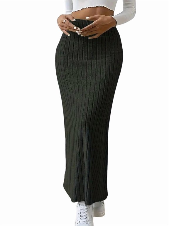 Female'S Solid High Waist Split Side Skirt Casual Knitted Maxi Skirts Comfy Bodycon Dress Black XL