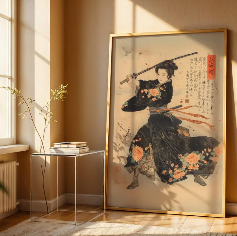 Female Samurai Wall Art Japanese Warrior Onna Bugeisha Katana Print Ukiyo-e Style Zen Decor Poster 12x18 UNFRAMED