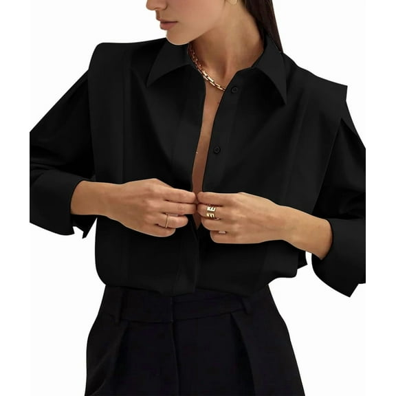 Female Shirts Button Down Square Shoulder Long Sleeve Blouse Fashion Casual Tops Black L
