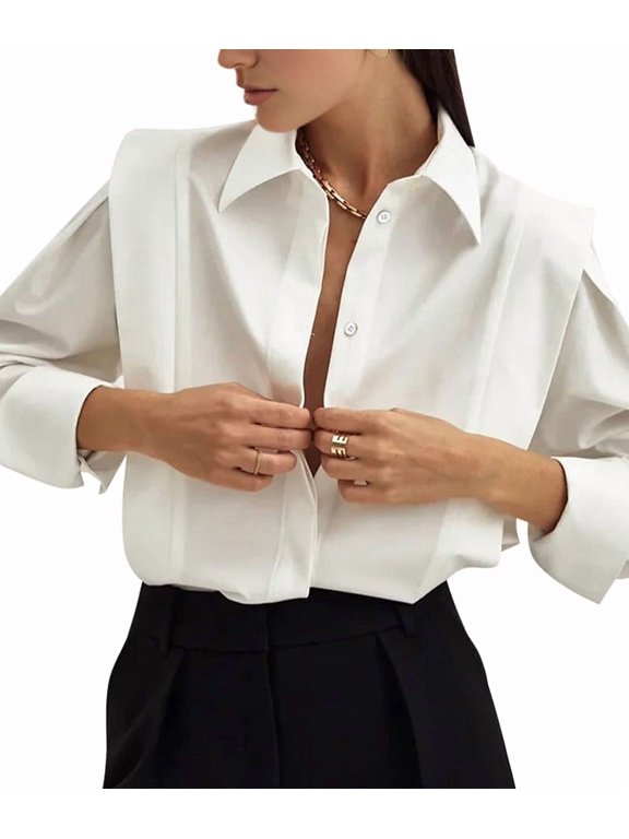 Female Shirts Button Down Square Shoulder Long Sleeve Blouse Fashion Casual Tops White L