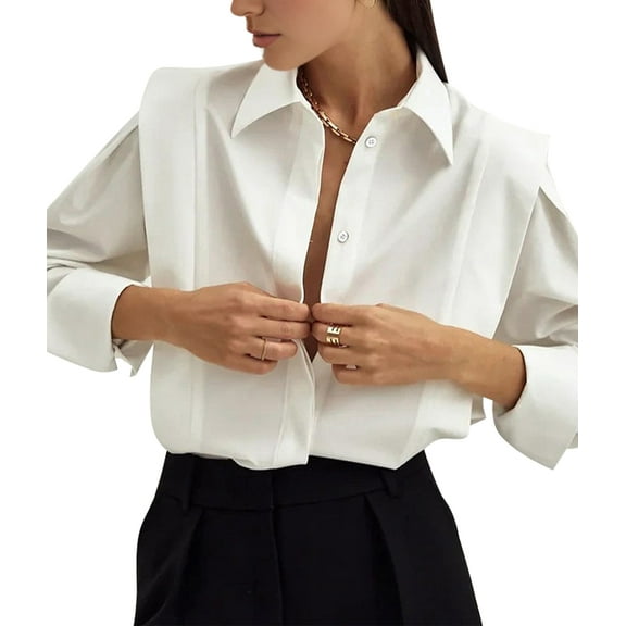 Female Shirts Button Down Square Shoulder Long Sleeve Blouse Fashion Casual Tops White L