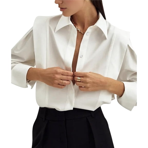 Female Shirts Button Down Square Shoulder Long Sleeve Blouse Fashion Casual Tops White M