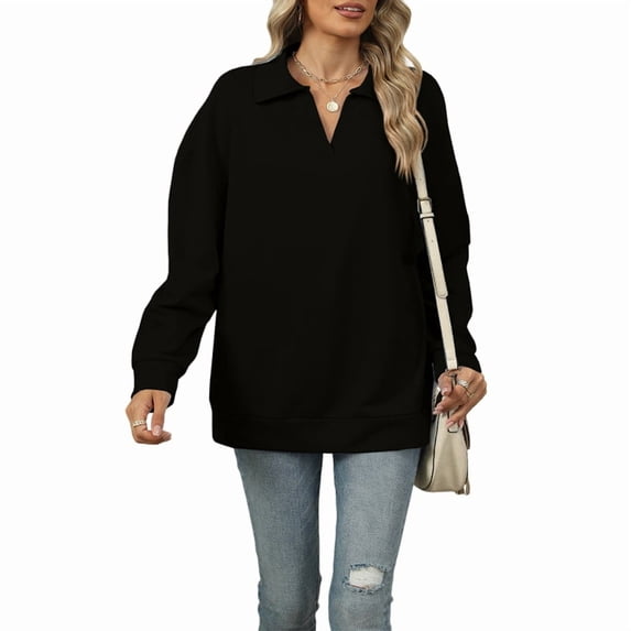 Female -Shirts Long Sleeve Banded Bottom Tops Business Casual Tops Collared V Neck Blouses Black L