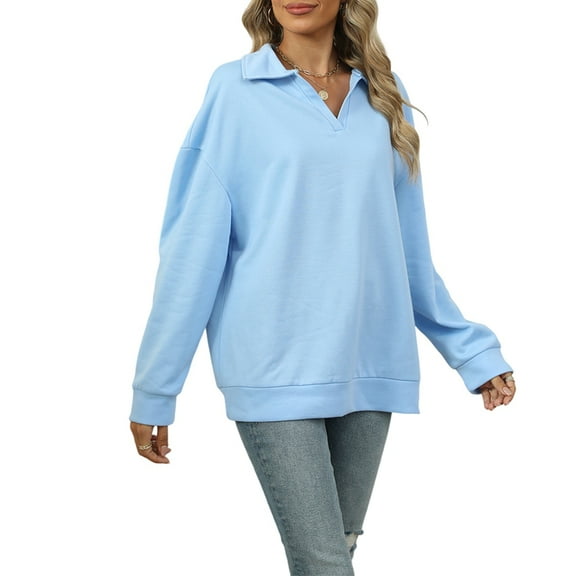 Female -Shirts Long Sleeve Banded Bottom Tops Business Casual Tops Collared V Neck Blouses Light Blue L