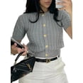 thumbnail image 1 of Female Short Sleeve Cardigan Cable Knit Cropped Button Down Crewneck Sweater Tops Gray L, 1 of 8