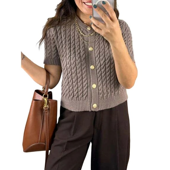 Female Short Sleeve Cardigan Cable Knit Cropped Button Down Crewneck Sweater Tops Mocha Color XL