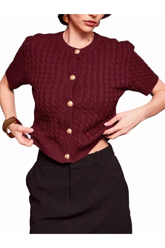 Female Short Sleeve Cardigan Cable Knit Cropped Button Down Crewneck Sweater Tops Red L