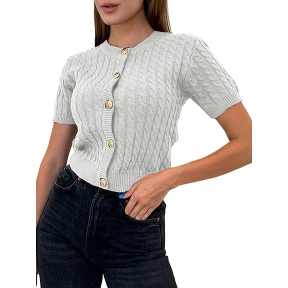 Female Short Sleeve Cardigan Cable Knit Cropped Button Down Crewneck Sweater Tops White M