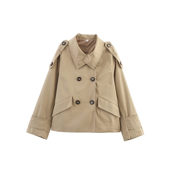 Female Short Trench Coat Oversized Double Breasted Stand Collar Cropped Jacket Fall Casual Work Outerwear Khaki S