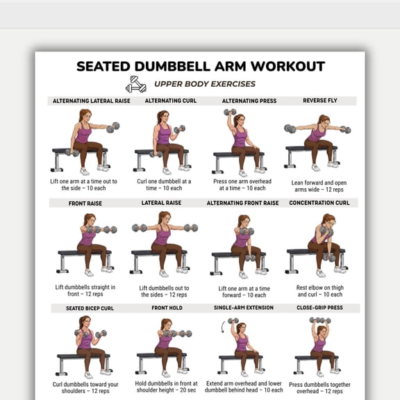 Female Sitting Dumbbell Arm Exercise Poster, Upper Body Exercise Chart, Fitness Poster, Dumbbell Arm Exercise Poster