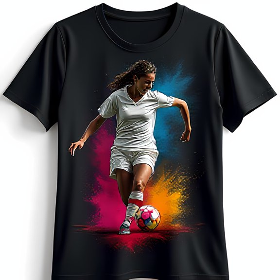 Female Soccer Player Graphic on Black T-Shirt Bold & Vibrant Design