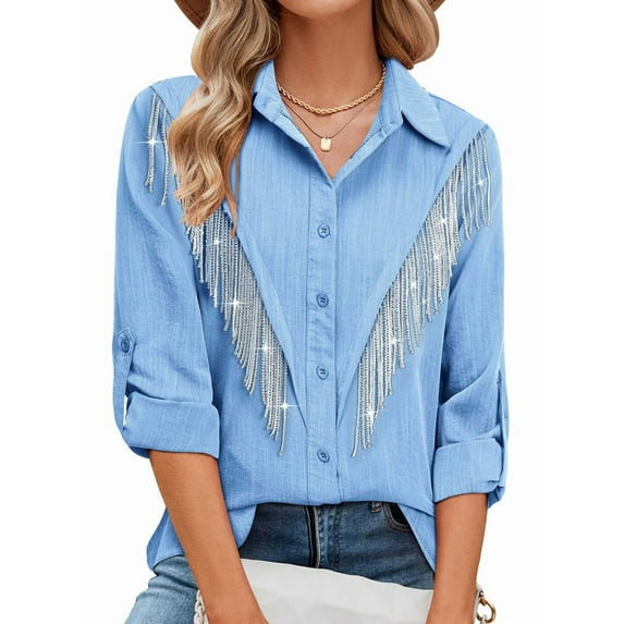 Female Sparkly Fringe Button Down Shirt Top Country Concert Nashville Western Cowgirl Outfit Blue XL