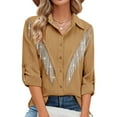 thumbnail image 1 of Female Sparkly Fringe Button Down Shirt Top Country Concert Nashville Western Cowgirl Outfit Khaki S, 1 of 5