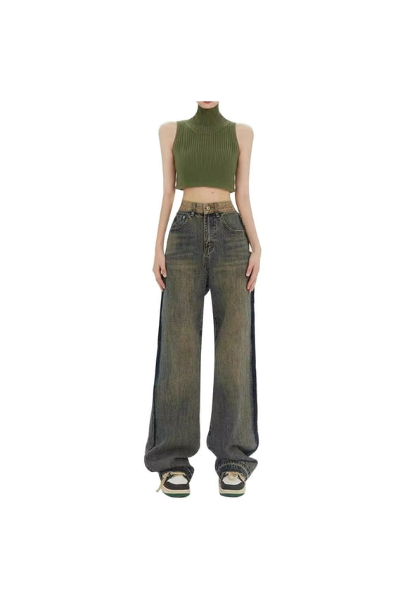 Female Spring And Summer Design Sense Mop European Style Retro High Street Yellow Mud Dyed Edge Wide Leg Straight Casual Denim Trousers