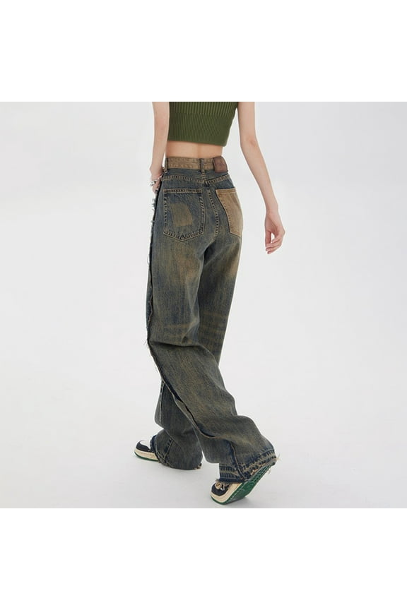 Female Spring And Summer Design Sense Mop European Style Retro High Street Yellow Mud Dyed Edge Wide Leg Straight Casual Denim Trousers Jean Pants Women High Waist High Waist Women Pants Designer