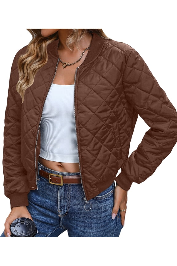 Female Stand Collar Quilted Puffer Jacket Padded Zip Coat Brown XXL