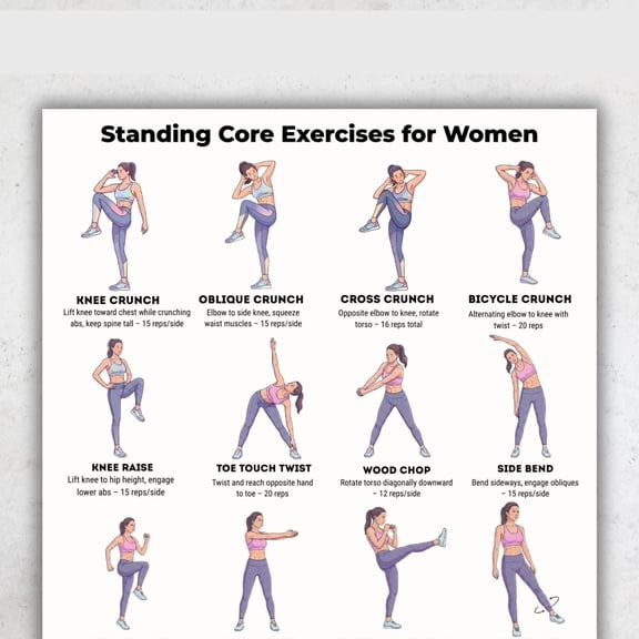Female Standing Core Exercise Poster, Standing Abdominal Muscle Exercise Without Equipment, Core Exercise Poster, Home Gym Poster