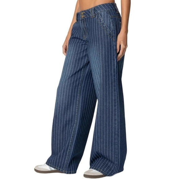 Female Striped Low Rise Baggy- Jeans Wide Leg Denim Pants Blue S