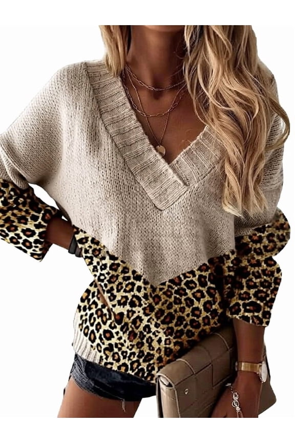 Female Striped Sweater Casual Leopard Long Sleeve V Neck Chunky Knit Drop Shoulder Pullover Jumper Tops Leopard Print XL