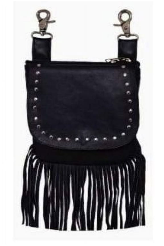 Female Studded Black Leather Fringe Hip Bag, Casual Weekend Fanny Purse