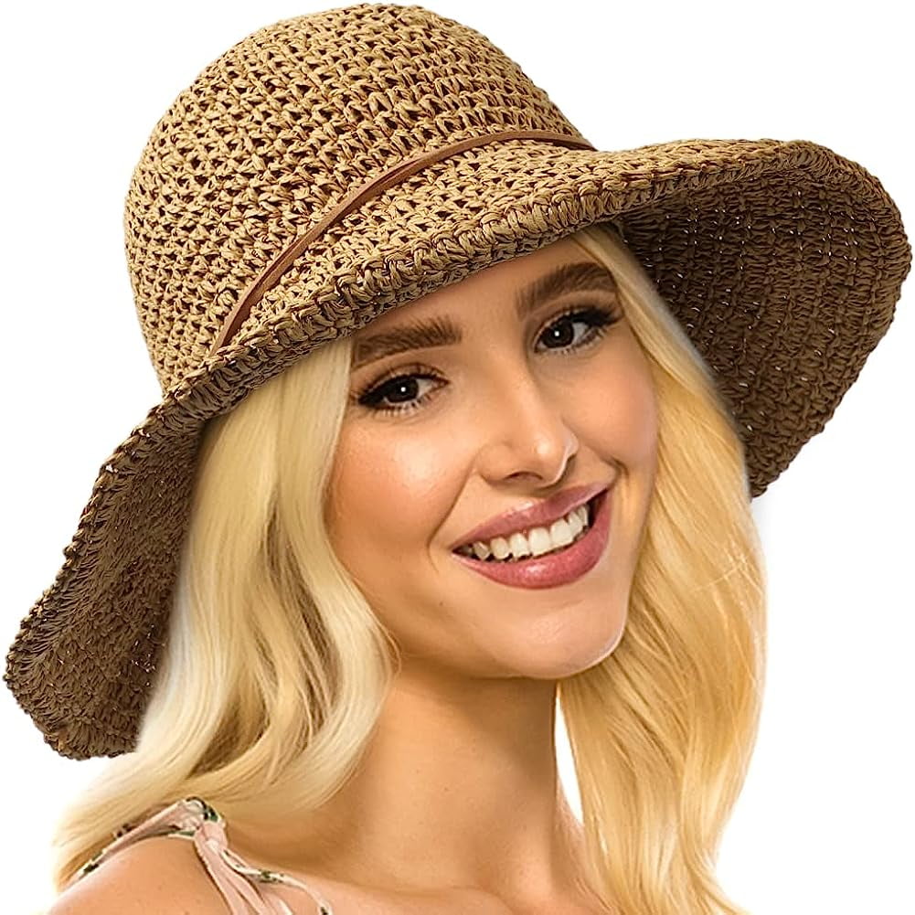 Female Summer Beach Sun Hat Straw Sun Protection Sun Hat, Light Curry 