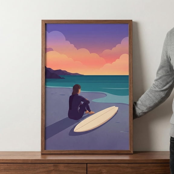 Female Surfer Minimalist Illustration Sunset Beach Ocean Coastal Surfing Girl Decor Surfboard Purple Sky Art Poster Wall Art Print