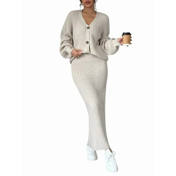 Female Sweater Dress Knit Two Piece Maxi Skirt Sets Color S