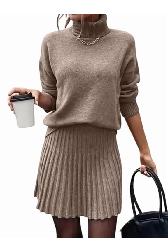Female Sweater Skirt Sets 2 Piece Outfits Ribbed Knit Mock Neck Sweater Pullovers A Line Mini Skirt Set Brown S