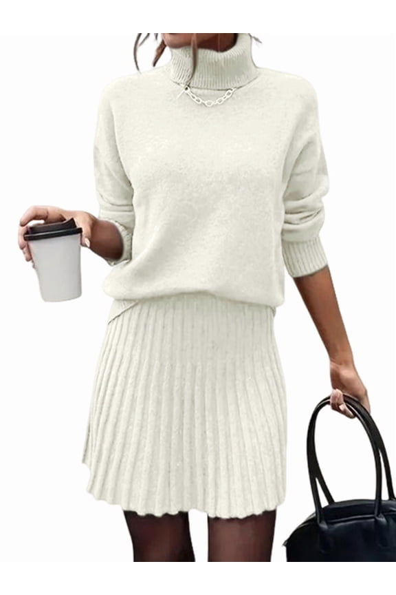 Female Sweater Skirt Sets 2 Piece Outfits Ribbed Knit Mock Neck Sweater Pullovers A Line Mini Skirt Set Cream White M