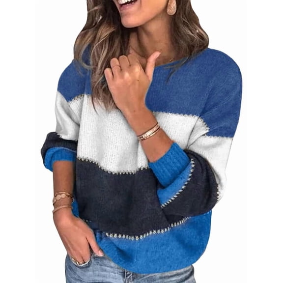 Female Sweaters Casual Long Sleeve Crewneck Color Block Patchwork Pullover Knit Sweater Tops Blue XXL