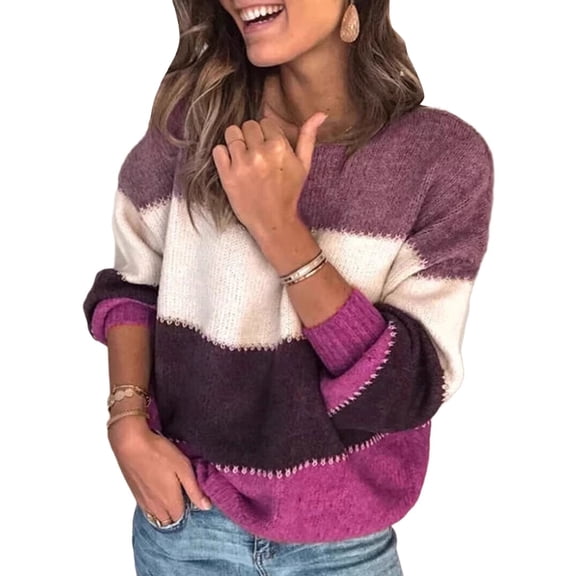 Female Sweaters Casual Long Sleeve Crewneck Color Block Patchwork Pullover Knit Sweater Tops XXL