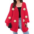 thumbnail image 1 of Female Sweaters Floral V-Neck Long Sleeve Sweater Open Front Knit Buttonless Trendy Sweater Outerwear Big Red One size, 1 of 8
