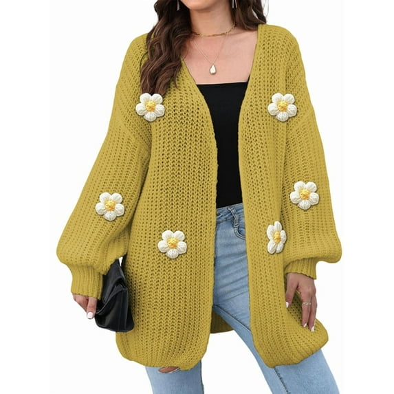 Female Sweaters Floral V-Neck Long Sleeve Sweater Open Front Knit Buttonless Trendy Sweater Outerwear Mustard One Size