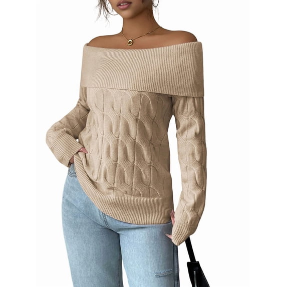 Female Sweaters Off Shoulder Long Sleeve Cable Knit Sweater Loose Chunky Work Tops Khaki S