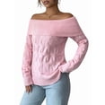 thumbnail image 1 of Womens Sweaters Off Shoulder Long Sleeve Cable Knit Sweater Loose Chunky Work Tops Pink M, 1 of 7