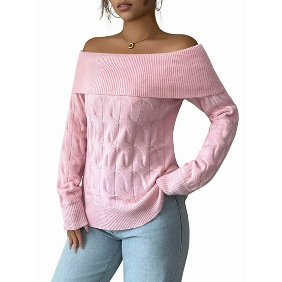 Womens Sweaters Off Shoulder Long Sleeve Cable Knit Sweater Loose Chunky Work Tops Pink M