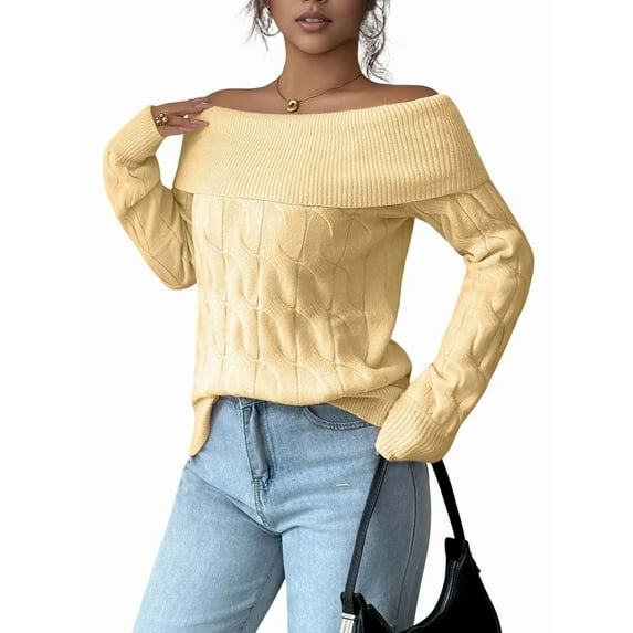 Female Sweaters Off Shoulder Long Sleeve Cable Knit Sweater Loose Chunky Work Tops Yellow L
