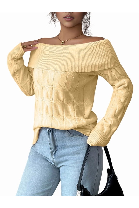 Female Sweaters Off Shoulder Long Sleeve Cable Knit Sweater Loose Chunky Work Tops Yellow M