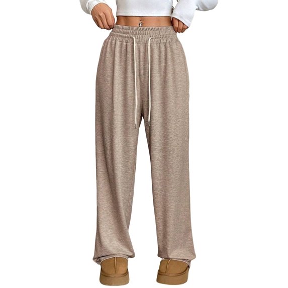 Female Sweatpants Baggy Wide Leg Pants Lounge Comfy Palazzo Joggers with Pockets Khaki S