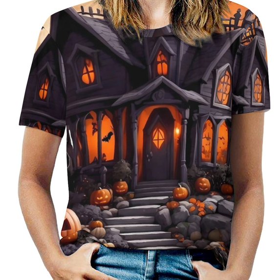 Female T-Shirt Haunted Mansion O Neck T-Shirts Short Sleeve Vintage Print Pretty Printed Tops Streetwear Top Tees Big Si